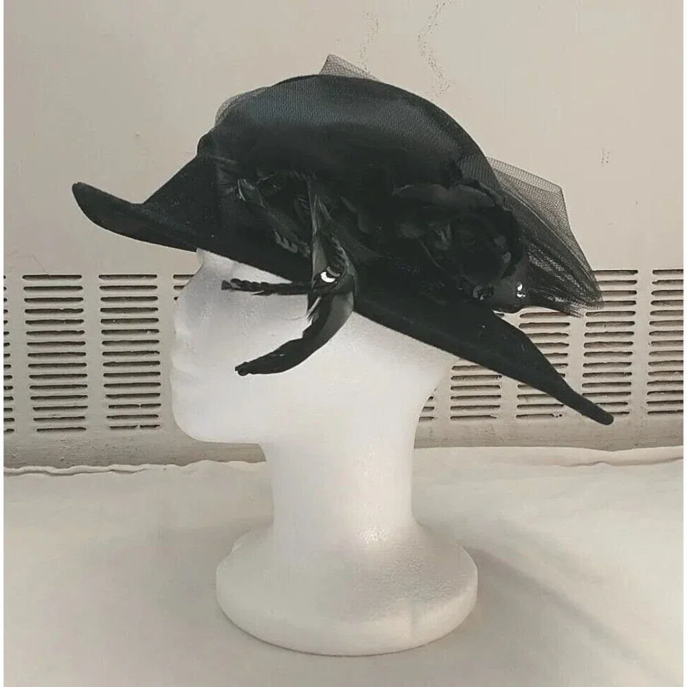 VTG BETMAR New York Women Black Bonnie Hat Bow Feather Flower Sequin Union USA - Picture 2 of 9
